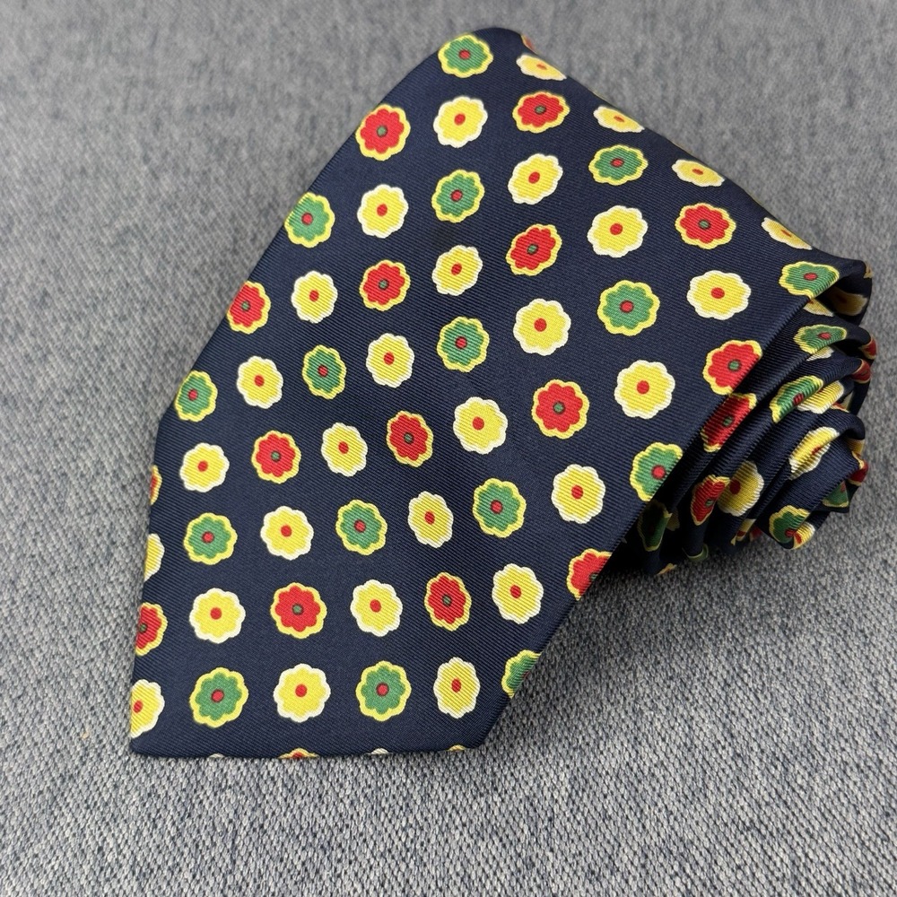 Vintage Burberry Navy Floral 100% Silk Neck Tie Foulard Motif 90s 3.75 58"